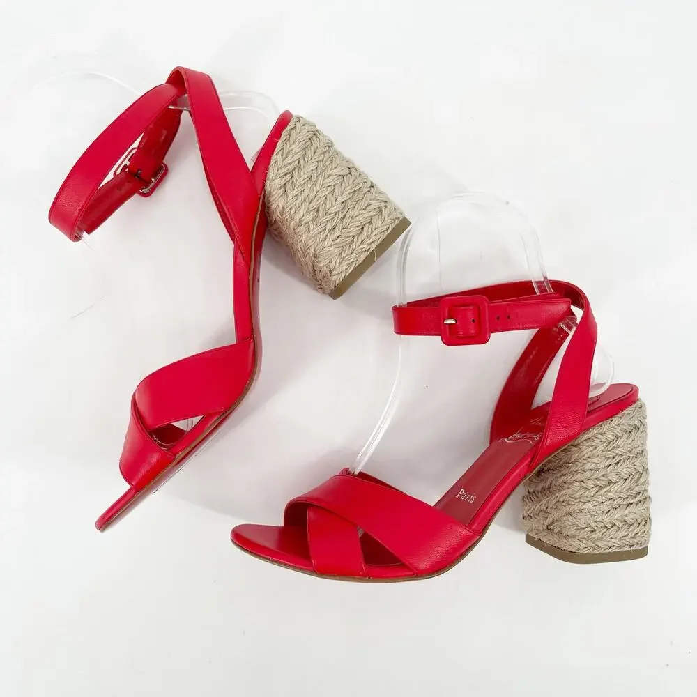 Christian Louboutin Summer Mariza 85 Red Leather Espadrilles Heels Sandals EU 37